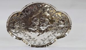 Edwardian silver dressing table tray, shaped oval with scalloped raised edge, angel mask relief