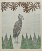 Keiko Minami (Japanese, 1909/11-2004) Etching in colours on paper  Bird amongst trees and leaves