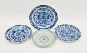 Three Chinese porcelain blue and white 'fishes' plates in the Kangxi style, probably later, with
