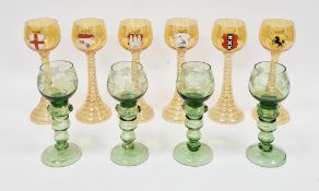 Set of six German armorial 20th century orange lustred wine goblets, each with a globular bowl
