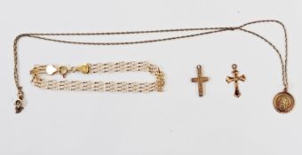 9ct gold small cross pendant, a 9ct gold St Christopher pendant, circular, on fine chain and a 9ct
