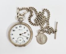 Silver Record open faced pocket watch, the enamel dial with Arabic numeral hour marks, seconds