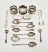 Collection of silver items including five early 20th century napkins rings (one 800 grade), five