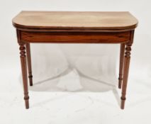 19th century mahogany D-shaped folding card table, the top opening to show a baize top, with