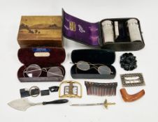Mixed lot of collectables including two cased sets of spectacles, agate walking stick handle,