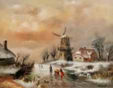 Hessel Oil on panel Dutch winter scene with figures skating on frozen river, windmill and