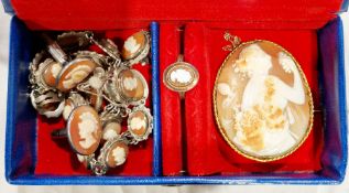 Collection of cameo jewellery including a yellow metal mounted brooch of oval form set with a