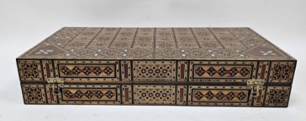 Middle Eastern parquetry inlaid and mother-of-pearl folding games box, the exterior inlaid with a