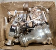 Collection of silver plate and metalware including a pair of silver plate on copper candlesticks,