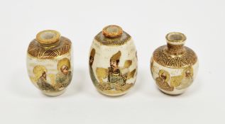 Three Japanese late Meiji period (1868-1912) miniature satsuma vases, black and gilt sealmarks,