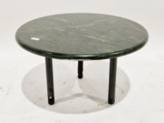 Coffee table having a round serpinteno marble top, on three sash window weighted legs, made by the