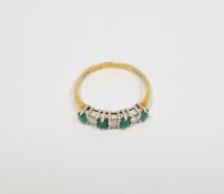 18ct yellow gold, emerald and diamond ring, comprising a claw-set row of four rectangular cut