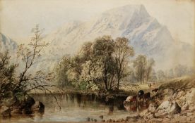 C. Pear (19th century) Watercolour Cattle watering at river, mountain range in distance, signed
