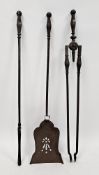 19th century steel three-piece companion set comprising tongs, shovel and poker, with ringed and