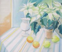 21st century school  Oil on board  Still life of fruits and flowers on a table, unsigned, 59cm x