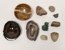 Collection of stone items including polished aragonite bowl, two polished agate slice bowls, green