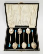 Cased set of six Art Deco silver and enamel coffee spoons, Birmingham 1932, Deakin & Francis Ltd,