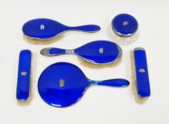 George V silver and blue guilloche enamel six-piece dressing table set, Birmingham 1928, Adie