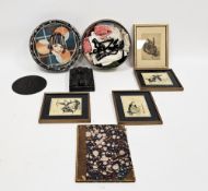 Collection of items including an antique oak panel carved in relief with a lion mask, sketches by