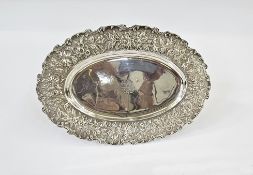 S Kirk & Son American silver-coloured metal tray/serving platter, oval with raised scroll border,