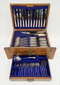 Late 19th/early 20th century oak cased canteen of flatware comprising a matched twelve place setting