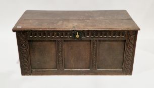 18th century oak coffer, the hinged lid with thumb moulded edge opening to an empty space, the front
