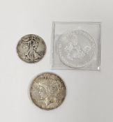 USA 2019 1oz fine silver one dollar Liberty coin, a 1923 silver one dollar piece coin and a 1942