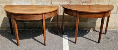 Pair of Victorian mahogany D-end hall tables on squared legs, 72cm high x 112cm wide x 56cm deep (2)