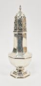 Edward VII silver sugar shaker, Sheffield 1903, Martin Hall & Co, of octagonal panelled baluster