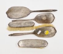George V silver backed five piece dressing table set, Birmingham 1928, Charles S Green & Co Ltd,