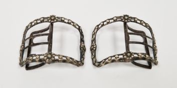Pair of George III silver and steel shoe buckles, indistinct hallmarks, of curved form with flower