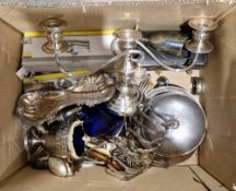 Collection of mixed silver plate including a three-branch candelabrum, pair of a set of candle