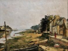 20th century school Oil on board 'Low Tide', estuary scene with moored boat, dwellings and