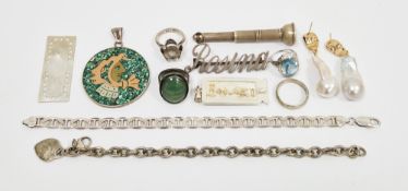 Collection of silver items including a silver cigar piercer, Birmingham 1971, a Mexican silver,