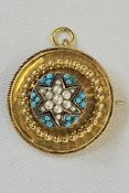 Victorian gold-coloured metal, seedpearl and turquoise locket brooch, circular with beaded