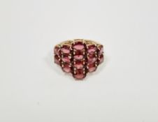 9ct yellow gold lady's dress ring set with a cluster of pink stones, gross weight 4.4g approx,