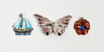 Two silver and enamel brooches including a sterling silver brooch in the form of a butterfly by