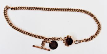 9ct gold curb-link albert chain with bloodstone and cornelian set swivel fob, the chain 18.5g