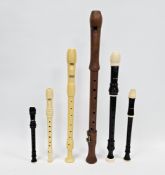 Collection of six recorders including 1970's German Johannes Adler wooden tenor, Aulos sopranino,