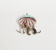 White metal, enamel and marcasite cat brooch having three cats beneath turquoise and mauve enamelled