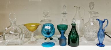 Orrefors (Sweden) cut glass decanter and stopper of compressed rectangular form, etched with two