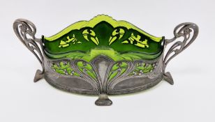 Art Nouveau WMF electroplate centrepiece bowl with green glass liner, of oval form having pierced