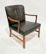 Mid century Danish rosewood elbow chair by A J Iversen, with brown leather upholstered back and