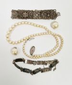 Simulated pearl necklace with sterling silver and marcasite clasp,  41cm long together with pair