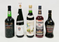 Cockburns Special Reserve port, 1l, 20% vol, Lambs Original Navy rum, 750ml, 40% vol, Kirsberry