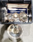 Collection of silver plate and other metal items including a pair of Sheffield plate telescopic