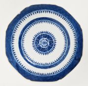 Chinese export porcelain blue and white hexagonal plate, early 19th century, painted with a dragon
