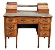 Edwardian mahogany kneehole desk with metal gallery top, inlaid satinwood and boxwood marquetry