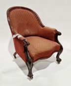 Victorian salon chair with upholstered back and seat, the mahogany frame with domed top rail and