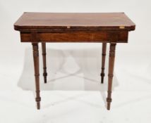 19th century mahogany fold-over card table, the rectangular top with shaped front corners opening to